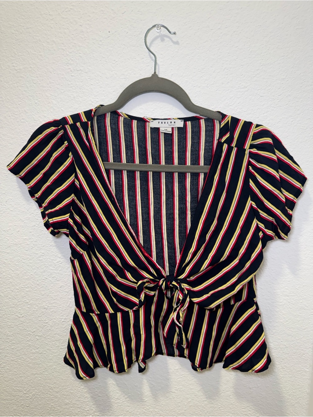 FAVLUX Navy Striped Tie-Front Crop Top with Yellow and Red Stripes